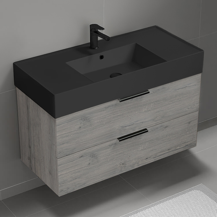 Nameeks DERIN634 Grey Oak Bathroom Vanity With Black Sink, 40 Inch, Wall Mounted